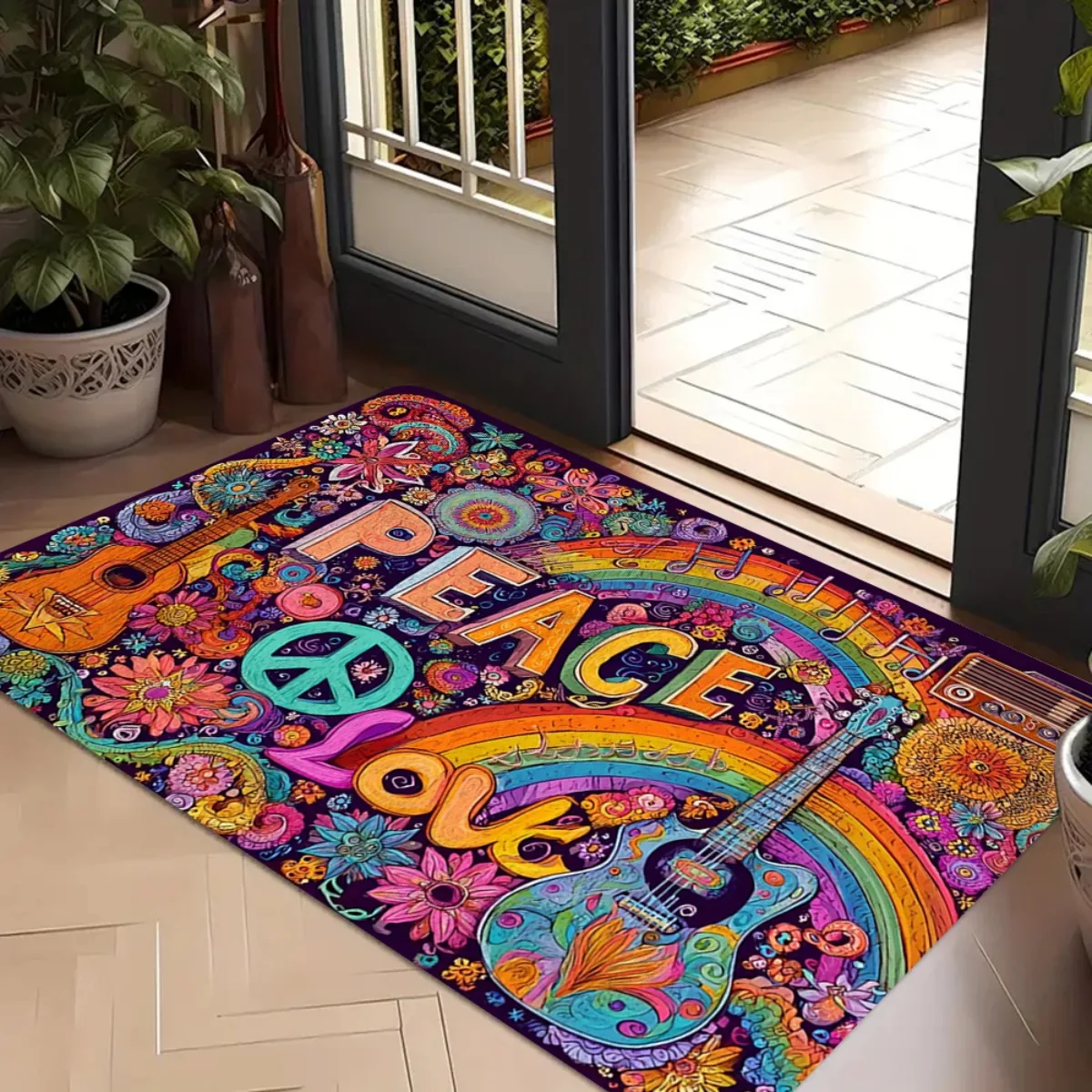 JIT 1PC Vibrant Peace & Love Hippie Party Bathroom mat, kitchen mat, living room floor mat, flannel material anti-slip, soft,