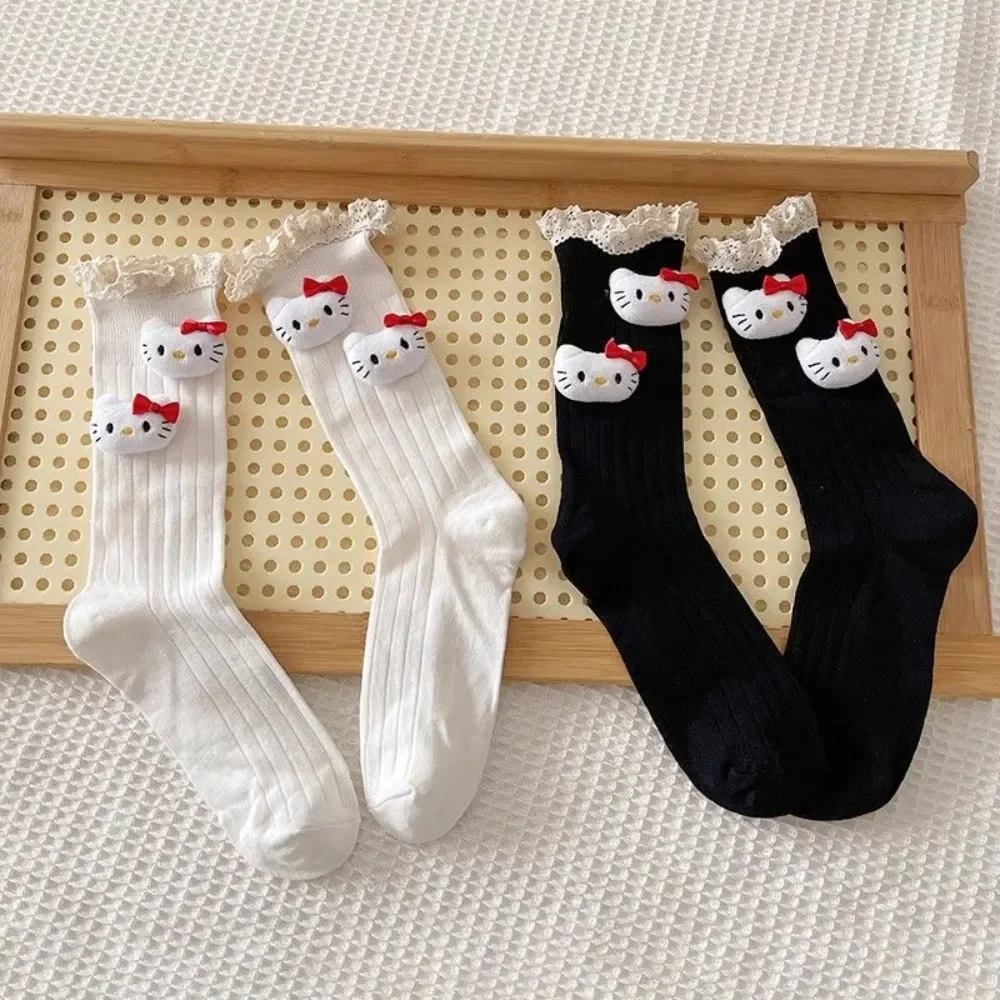 Miniso Y2K Hello Kitty Socks Cartoon Lolita Pure Cotton Mid Socks Autumn Winter New 3D Ins Girls Sweet Stacked Lace