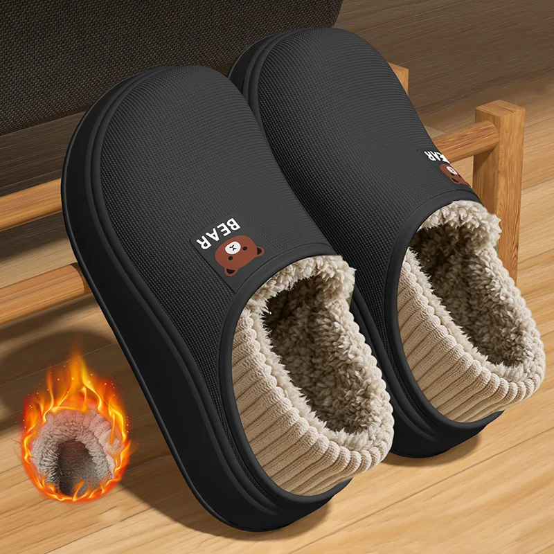 Warm Plush Waterproof EVA Indoor Outdoor Slippers Women Winter Soft Thick Bottom Non Slip Home Slippers Couple's Furry Slides