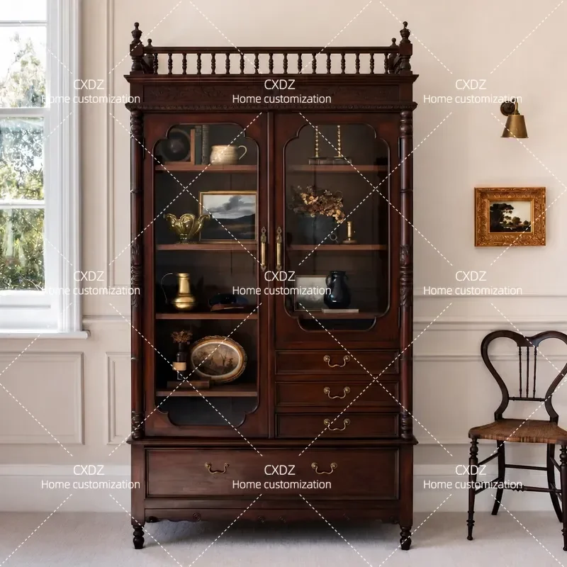 French medieval solid wood high dining side cabinet American retro walnut storage wine cabinet home kitchen dining room