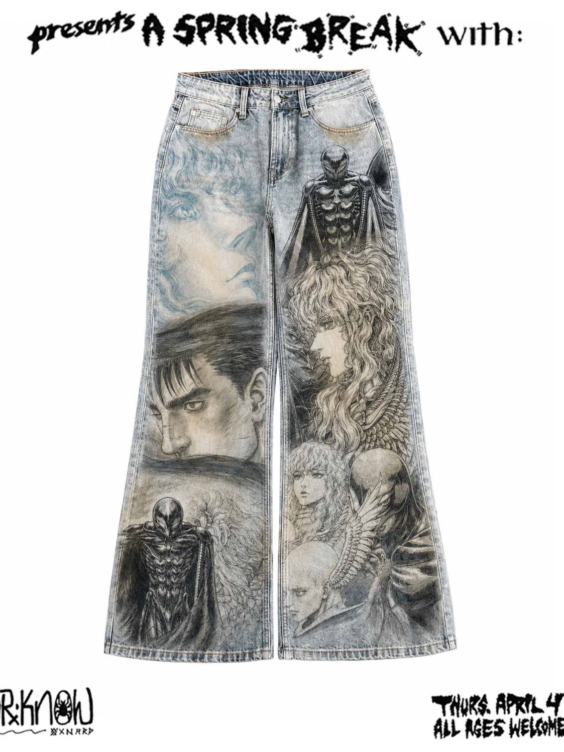 Cartoon Anime Art Print Jeans Loose Fit Men's Women's Light Wash Bell Bottoms Vintage Style Polyester Cotton Blend