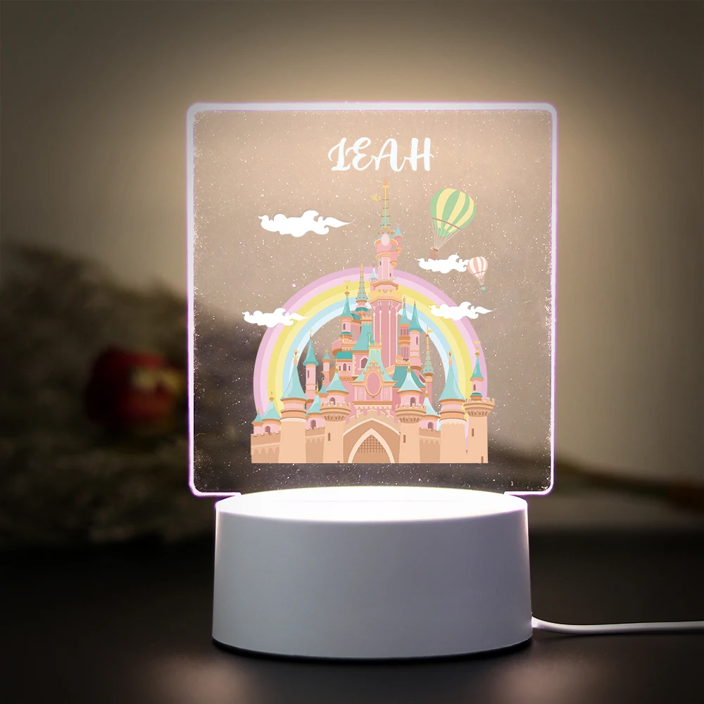 Precioso castillo de dibujos animados con impresión UV, nombre personalizado, luz LED nocturna táctil 3D, lámpara acrílica Visual 3D, decoración natural para habitación de niños, 1 ud.