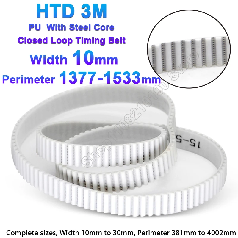 

1Pc HTD 3M PU Timing Belt PU with Steel Core Closed Loop Perimeter 1377-1533mm White Polyurethane 3M Synchronous Belt Width 10mm