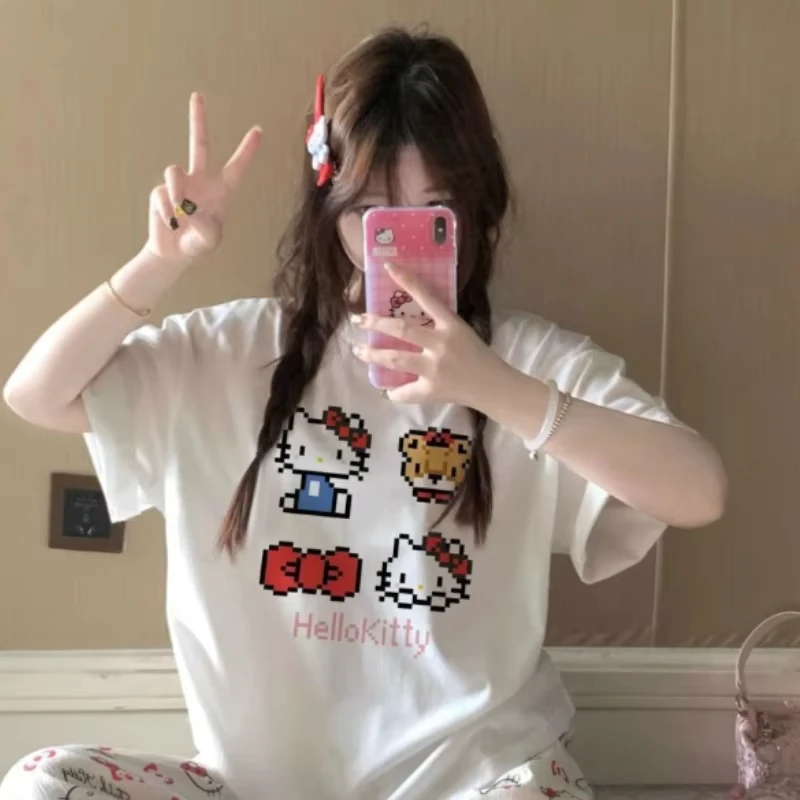 

Sanrio, летняя свободная домашняя одежда «Hello Kitty», удобные женские летние новые брюки с короткими рукавами, милый комплект с героями мультфильмов