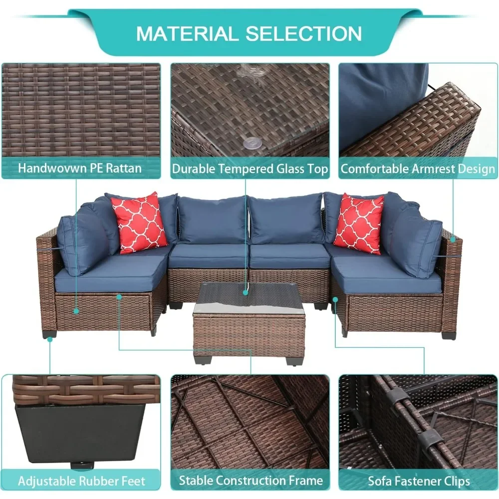 Patio Furniture Set Outdoor Segmented PE Rattan Terrace Conversation Set with Cushions for Balcony, Garden, 7 Pieces with Table