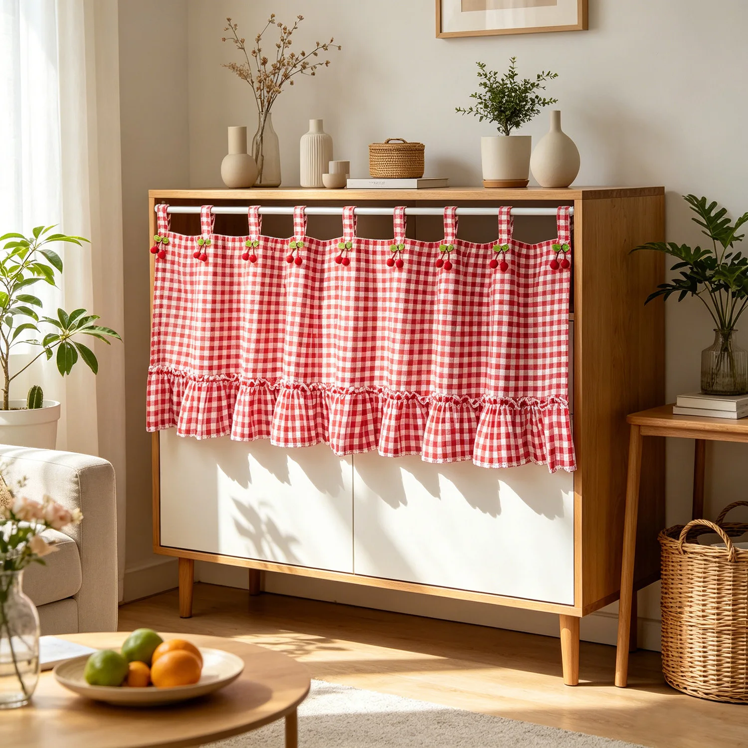 1PC Korean-Style Red Cherry-Two-Color Checkered Patterned Short Curtains,Skirt Small Curtains For Kitchen Oven Partition Window