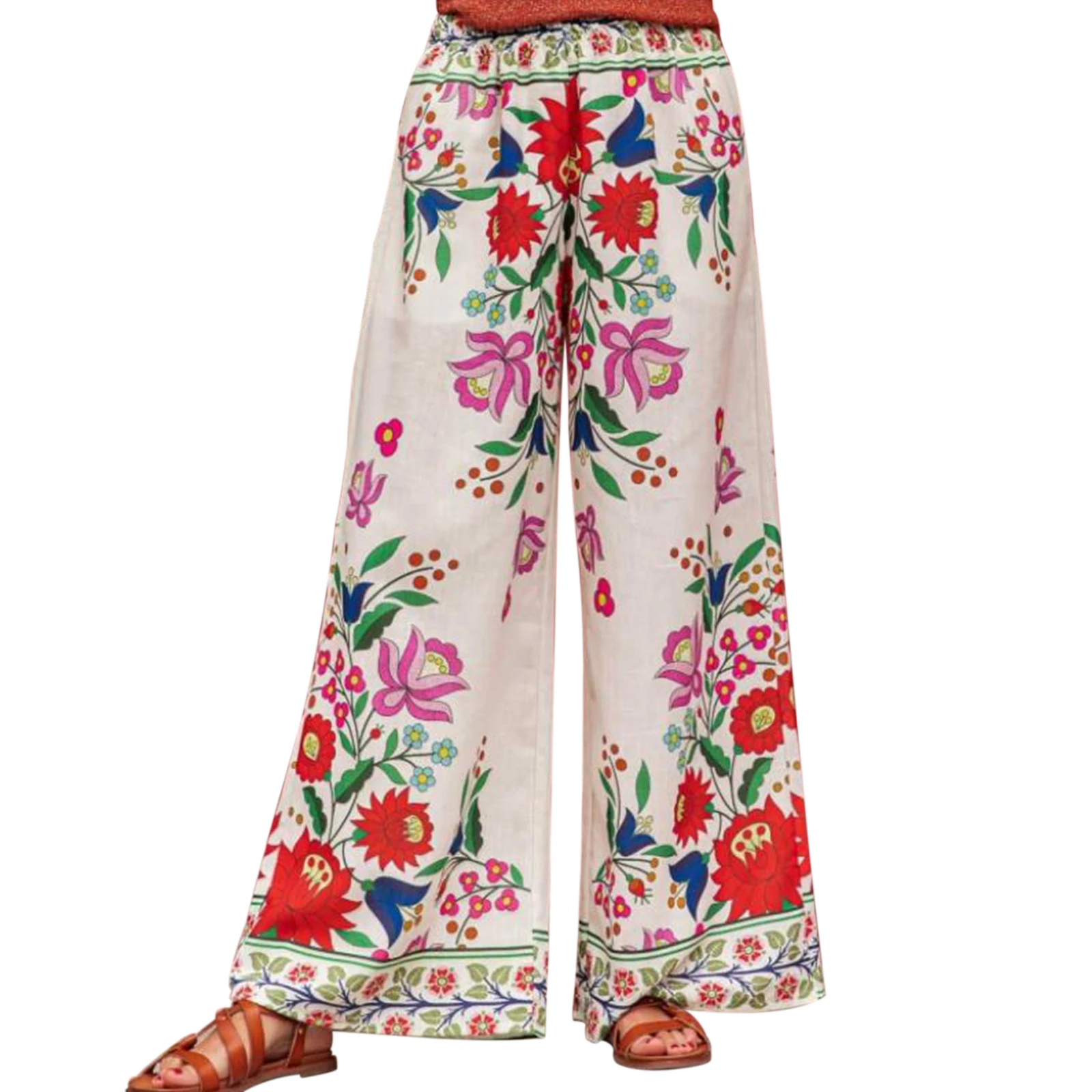 Dames Wijde Pijpen Broek Casual Bloemenprint Losse Elastische Taille Broek Voor Werk Kantoor Streetwear