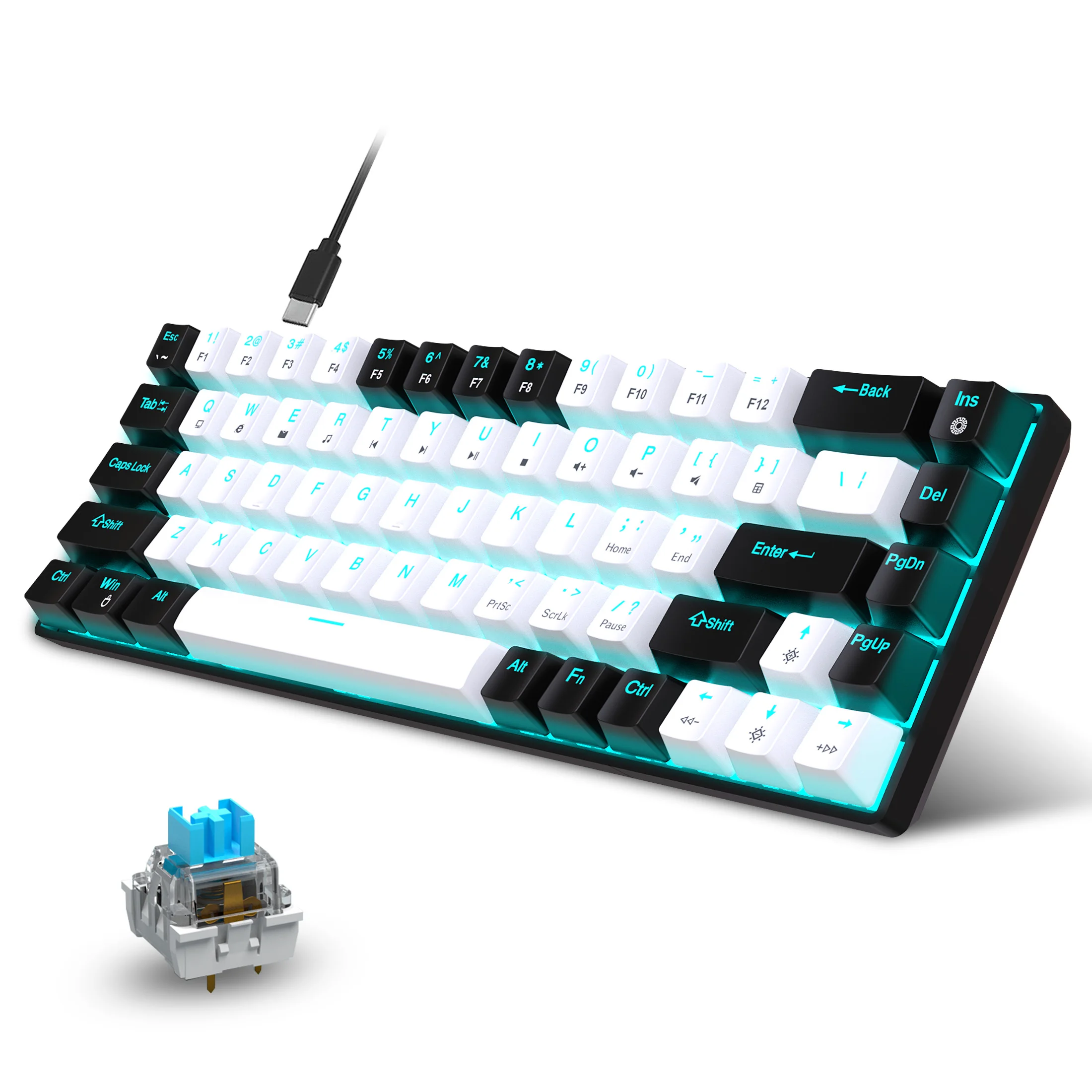 68 klawiszy mechaniczna klawiatura ergonomiczna RGB podświetlana klawiatura LED Hot Swappable Blue Switch Gaming Keyboard for PC Laptop Office