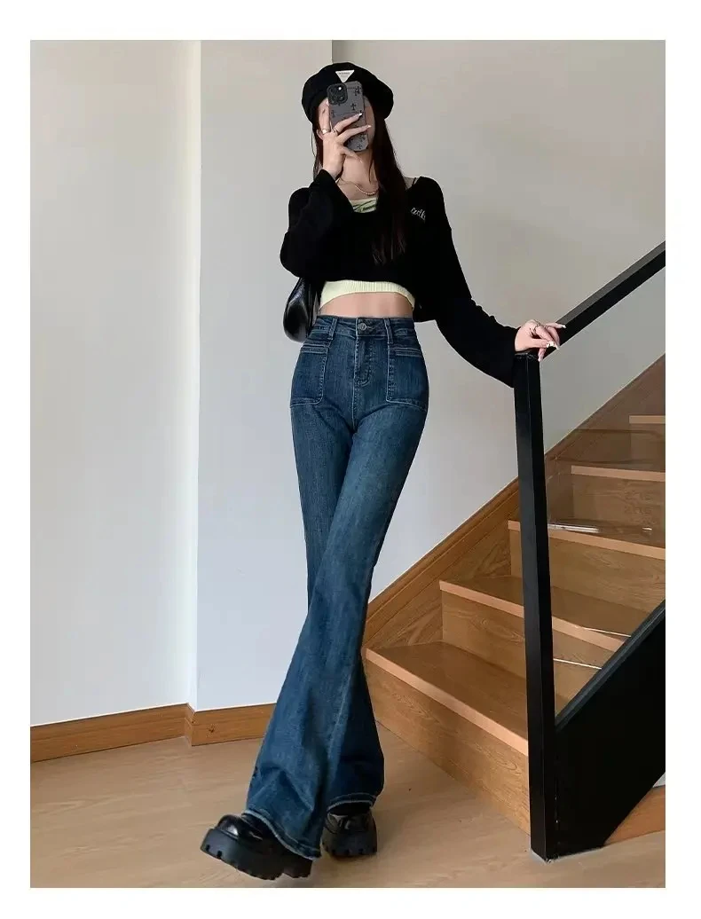 new spring autumn office lady cotton brand female women girls high wait stretch flare jeans