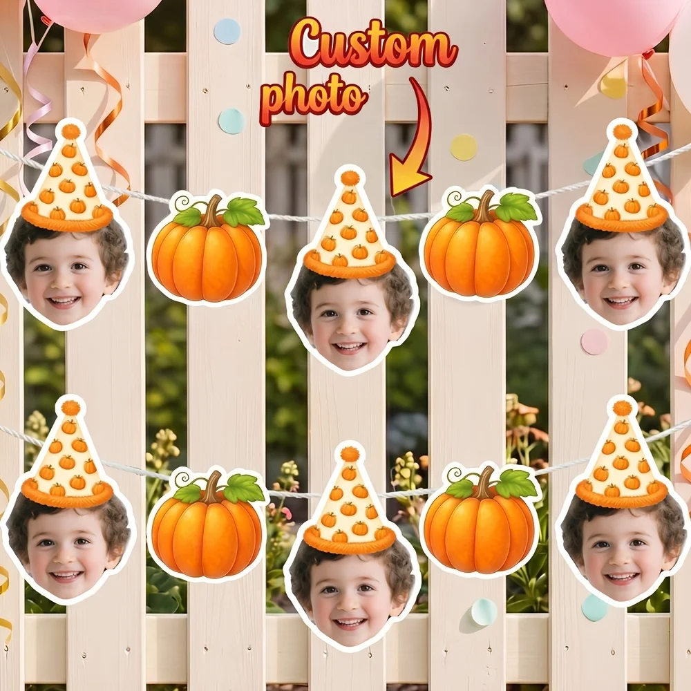 Custom Face Photo Pumpkin Theme Party Banner, Personalized Face Photo Cutout Bunting Flag, Fall Themed Birthday Party Decoration