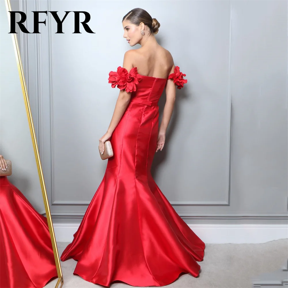 RFYR Red Prom Dress Slim Fit Mermaid Satin Party Dress With Flowers Detached Sleeves Evening Dresses Fishtail Sweep Train 프롬드레스