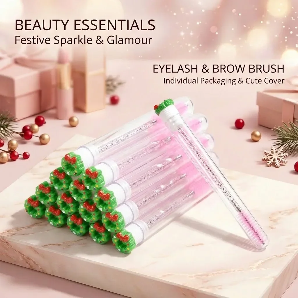 10pcs Christmas Mascara Eyelash Brush in Tube with Snowflake Cap, Dust-Proof Reusable Mascara Wand Lash Applicator Makeup Tool