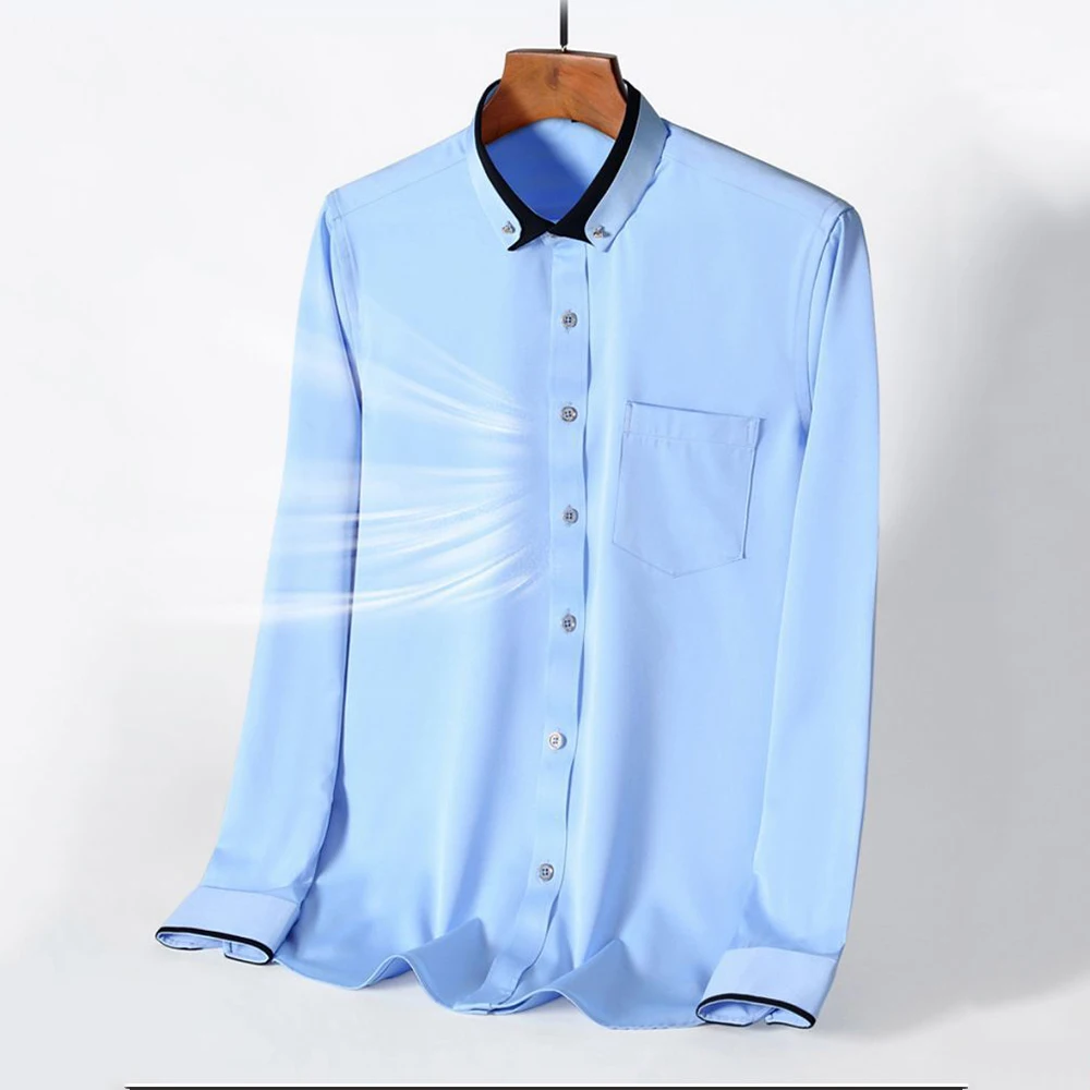Camisa de manga larga para hombre, camisa elástica de doble cuello, informal de negocios, ajustada, transpirable, color sólido