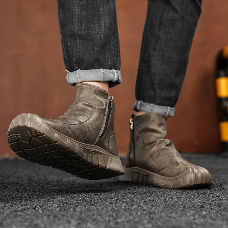 Botas de couro casuais masculinas inverno antiderrapante resistente ao desgaste botas de neve de corte médio novos sapatos de algodão impermeáveis confortáveis para homem