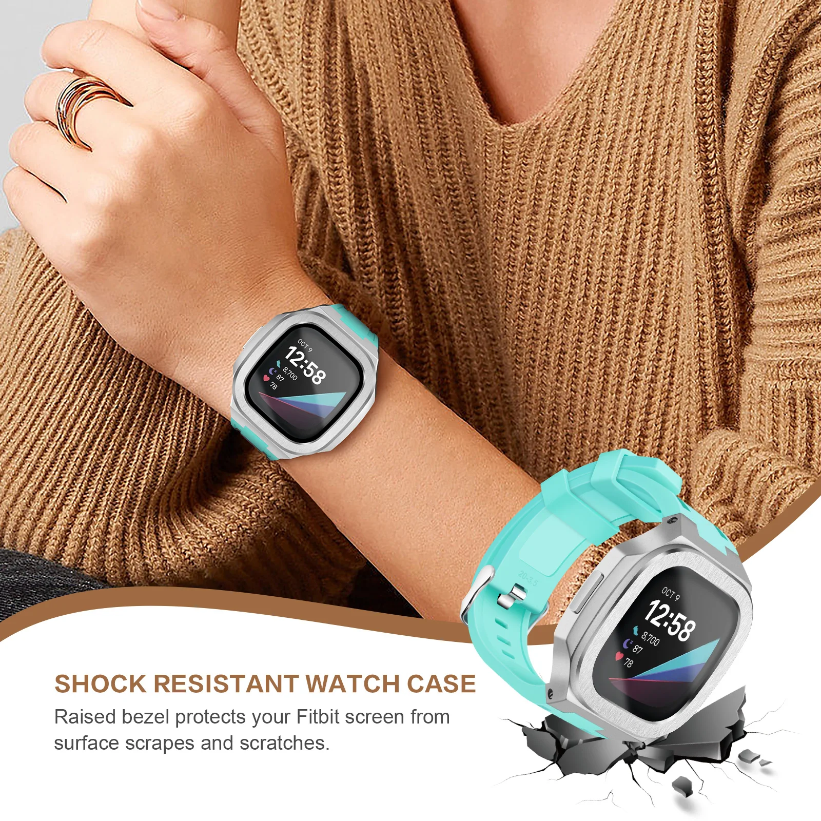 حافظة ساعة ذكية لـ Fitbit Versa 3 4/ Fitbit Sense 2 واقي شاشة زجاجي رفيع للغاية حزام رياضي لـ Fitbit Versa 3/Sense