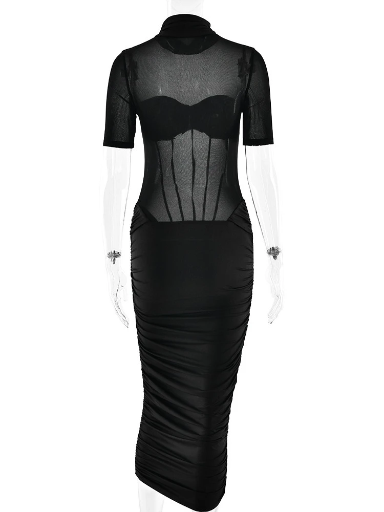 FDYOUI Abito da club party con corsetto patchwork in rete a collo alto da donna 2026 Abiti slim a metà polpaccio con pieghe trasparenti a maniche corte