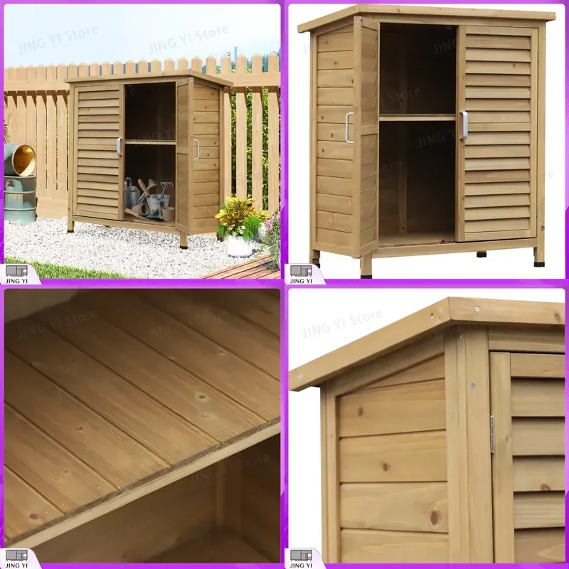 Wooden Garden Storage Shed 2 Door Tool Organization Cabinet Solid Fir Wood Garage Storage Unit for Lawn Mower Garden Tools