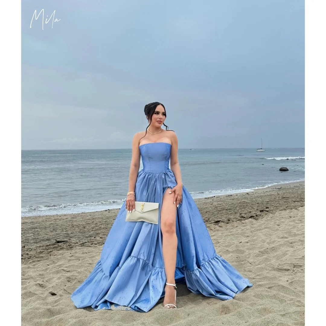 

Mila Light Blue Satin Strapless Prom Dresses Customized Formal Evening High-Slit Ruffled Long Gown vestidos de gala Elegant 2025