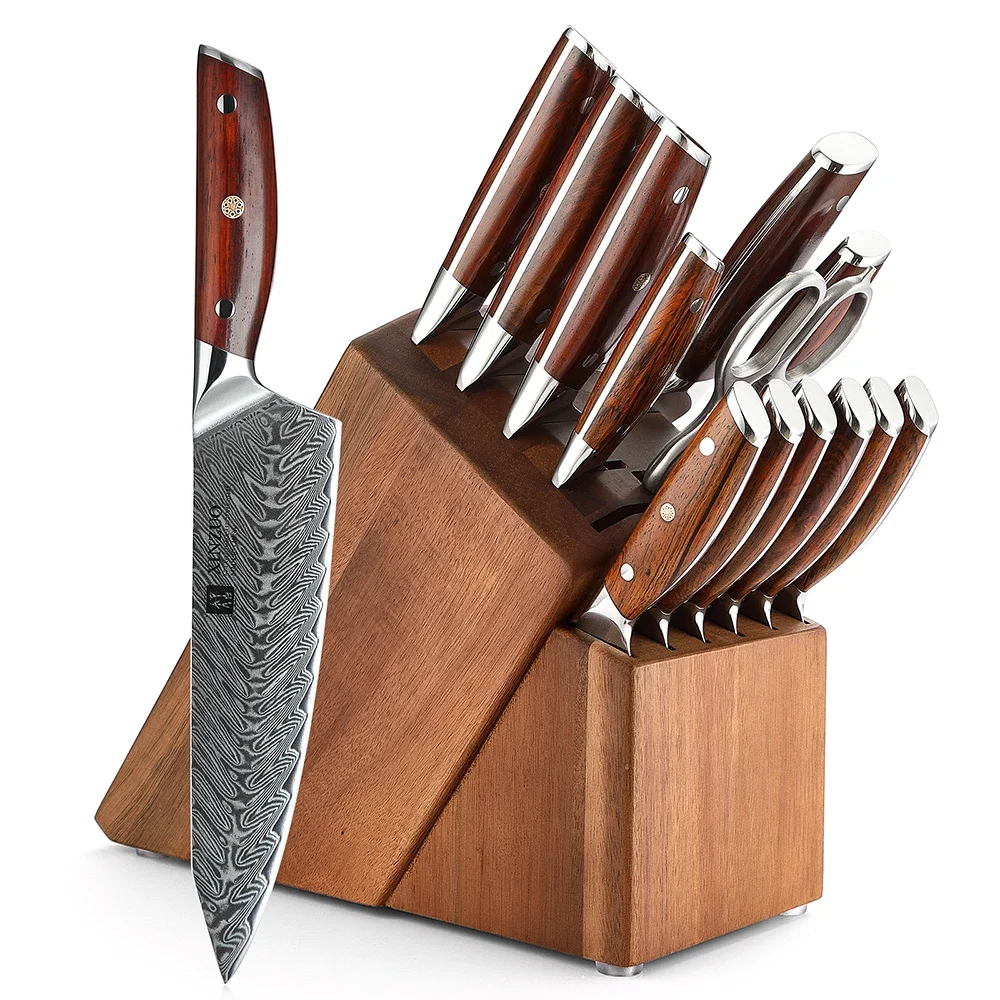 

15 Pcs Knives High Quality 10Cr Damascus Steel Sharp Kitchen Chef Knife Set Sharpener Scissors Wooden Block Stringent quality