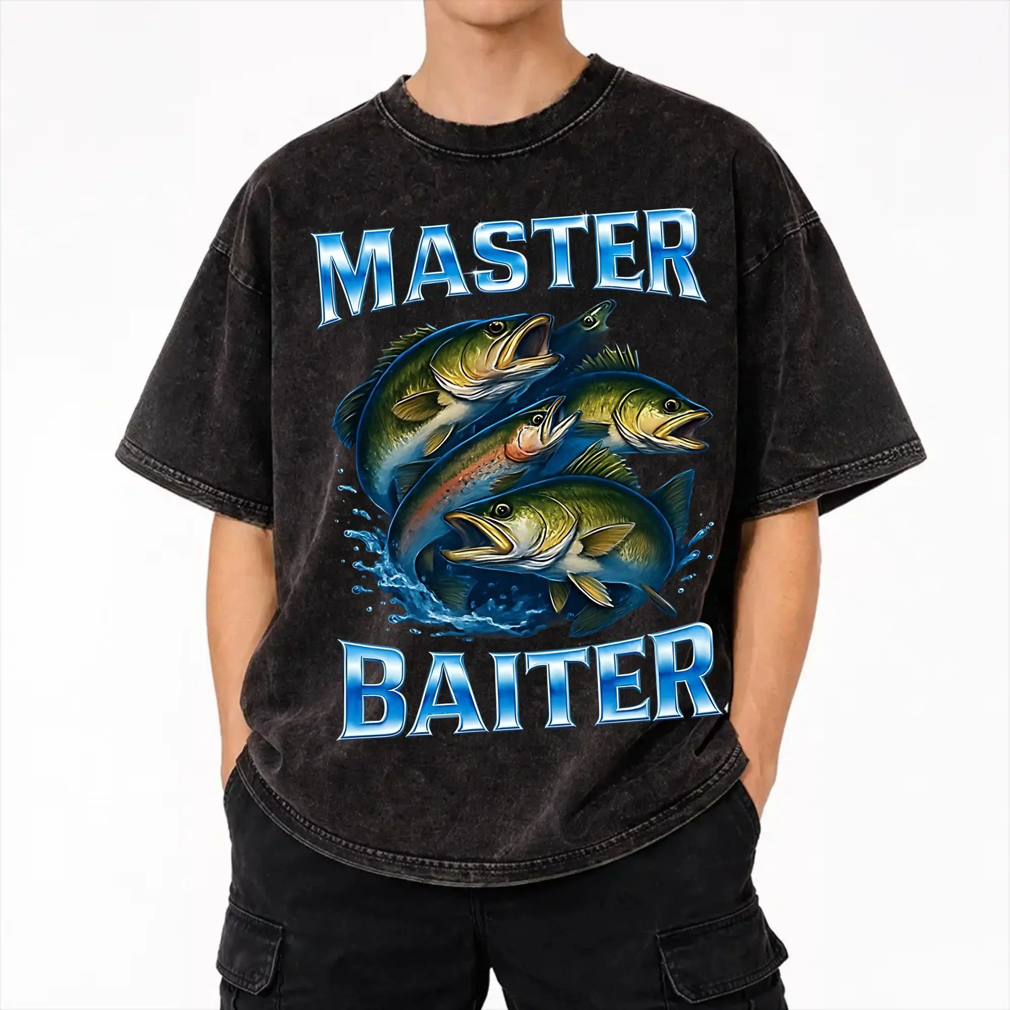 Master Baiter Funny Fishing  Outfit Washed T Shirts Men Women Streetwear Hip Hop T-Shirt Summer  Tees Tops Cotton