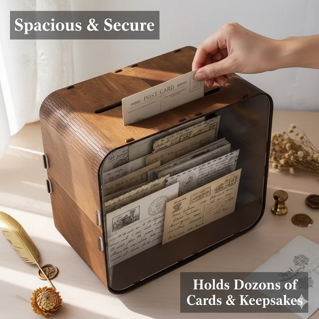 Wooden Wedding Card Box With Acrylic Window Rustic DIY Assemble Money Gift Card Holder For Wedding Party Reception Decor view 5