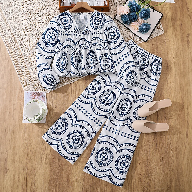 Kid Girls 8-12 Bohemian Outfit, Long Sleeve Floral Print Top & Loose Wide Leg Trousers, Breathable Daily Casual Clothes