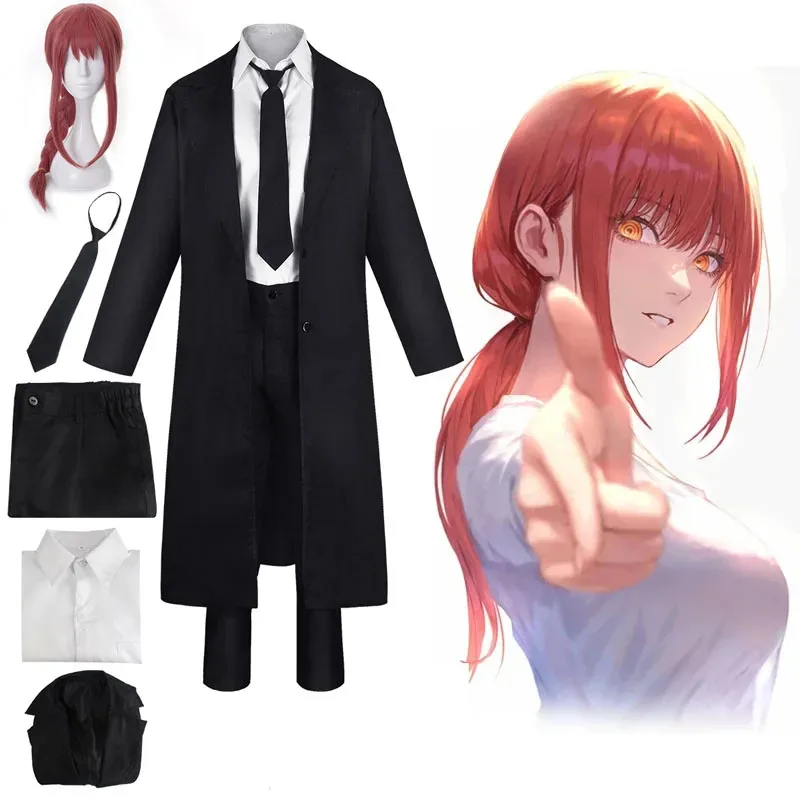 Makima Cosplay Anime motosierra hombre disfraz negro gabardina camisa uniforme peluca traje ropa de Halloween para hombres y mujeres