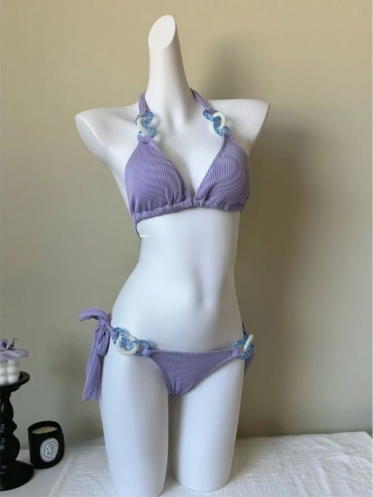Sweet Spice Girls Y2k Harajuku Purple Bikini Set Women Elegant Sexy Hot Girl Summer Fashion Swimwear Beach Style Outfits New