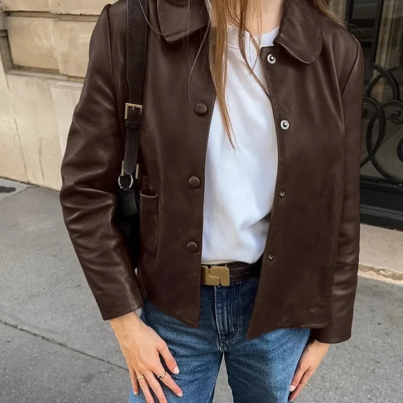 Brown Jackets for Women  Leather Jacket Turn-down Collar Winter Autumn Coat Chic2024 Office Lady Outfit