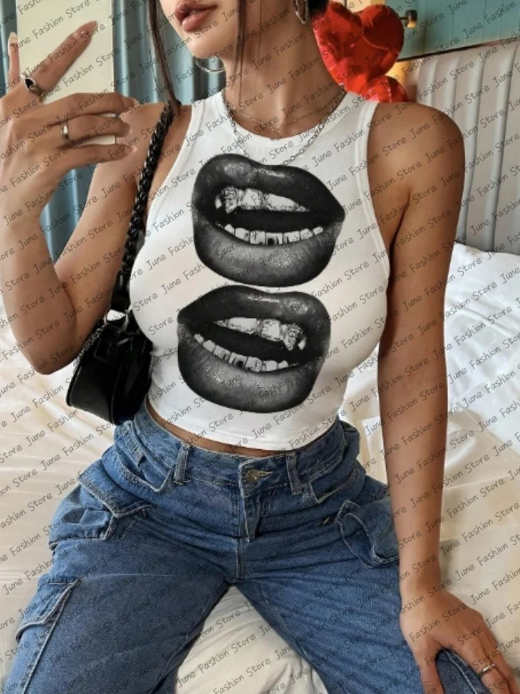 

Black and White Lip Sexy Fashion Vest Top Y2K Spice Girls Cool Girls Sexy Fashion Retro Summer Cool Comfort Harajuku Crop Top