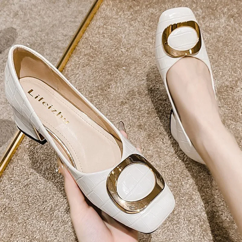 2024 New Women 5cm High Heels Concise Office Daily Pumps Female Versatile Metal Buckle Square Heels Lady Comfortable Work Shoes