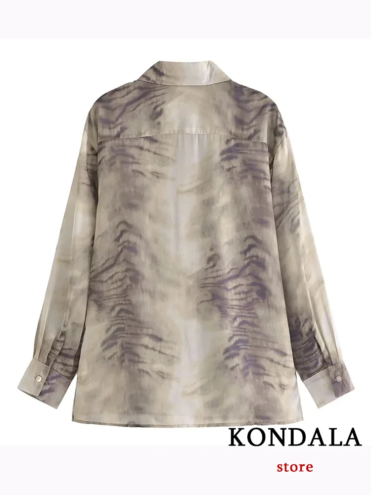 KONDALA Vintage Casual Print Women Blouse Tiger Pattern Turn-down Collar Single Breasted Loose Blouse Fashion 2023 Autumn Shirts