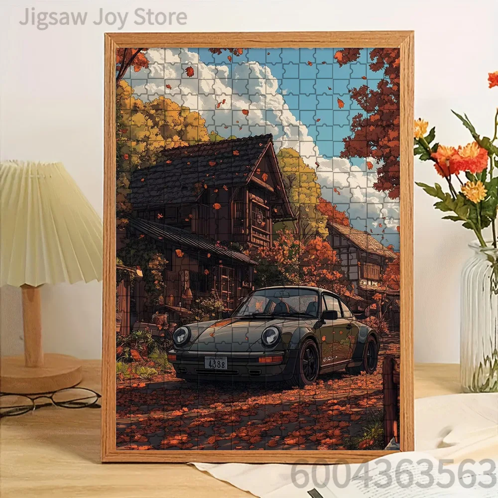 

Ретро-пазл из бумаги с изображением Porsche 911, осенним кленовым лесом и домом в японском стиле, винтажный пазл с изображением спортивного автомобиля и осенней пейзажной сценой