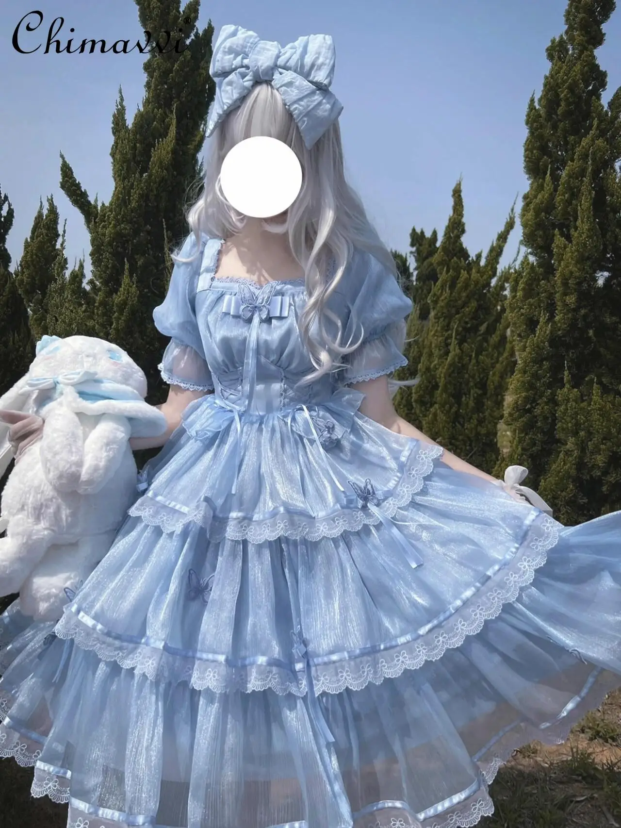 

Fairy Summer New Blue Lolita Op Dress Sweet and Cute Girls Bow Lace Stitching Short Sleeve High Waist Princess Party Lo Dress