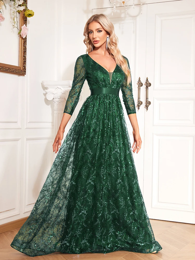 Xuibol Elegante Groene Sexy V-Hals Gebloemde Avondjurk Lange 2024 Luxe Vrouwen Lange Mouw Feest Prom Pailletten Cocktailjurk Jurk