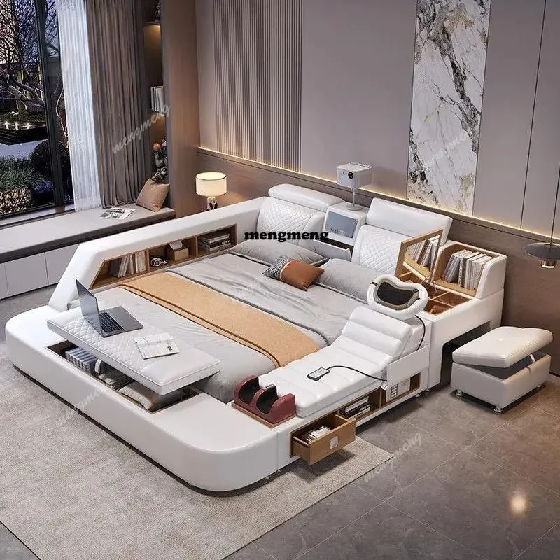 Leather Modern Bed Electronic Aesthetic Luxury Double Bed Smart Nightstands Somieres Y Marcos De Cama BedroomX
