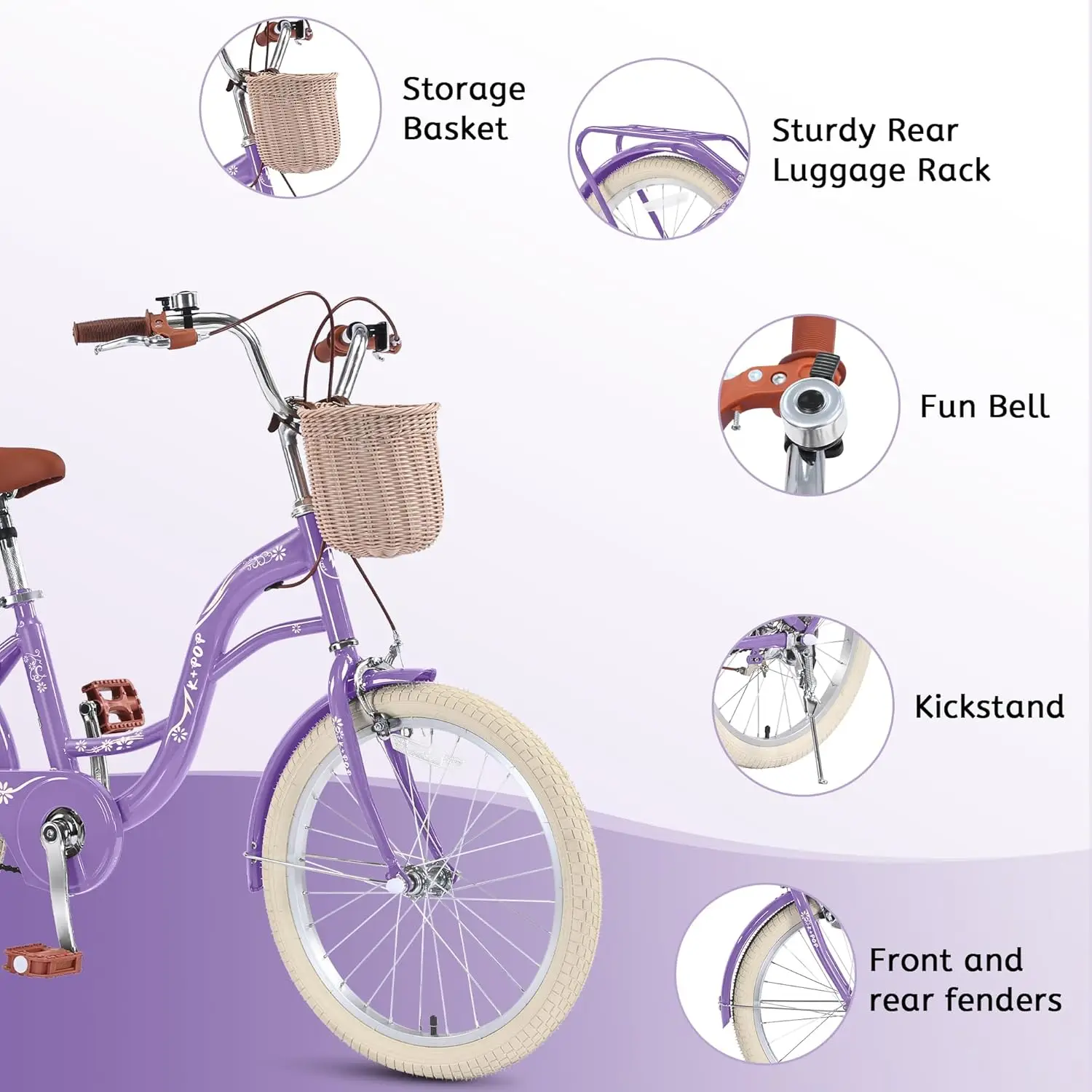 Meisjesfietsen voor kinderen van 8 tot 12 jaar, 20 inch kinderfiets voor jongen en meisje met standaard, retro kinderfietsen met mand, Bea