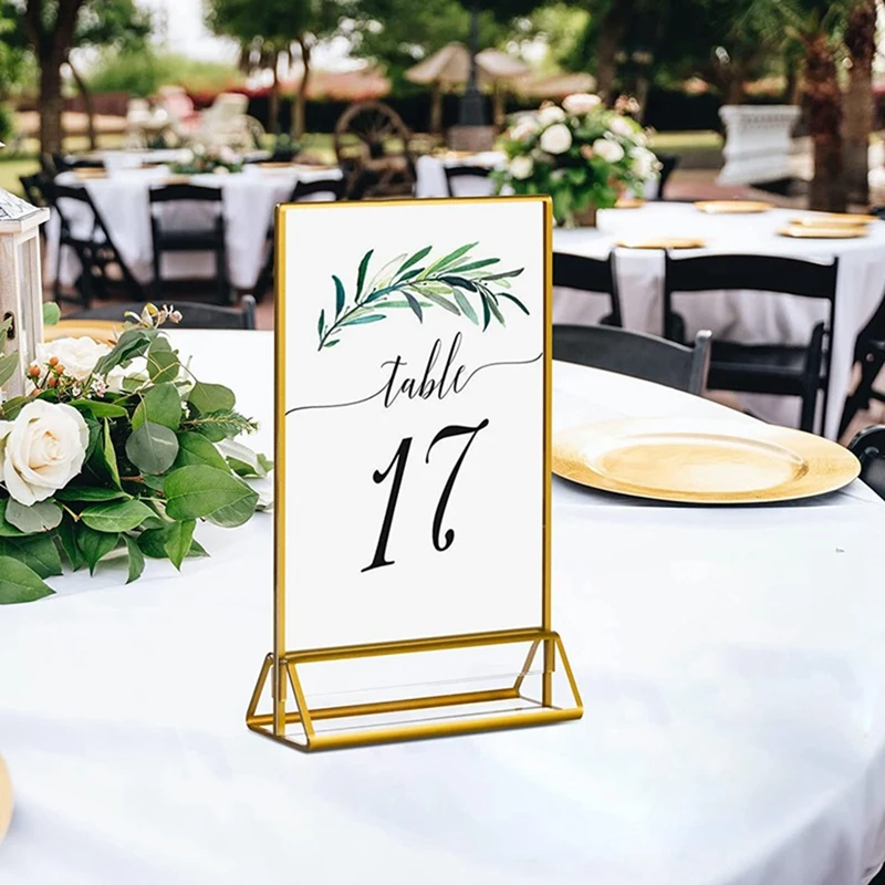 6Piece Sign Holder 5X7 Inch Acrylic With Gold Borders And Vertical Stand, Double Sided Table Holders For Wedding