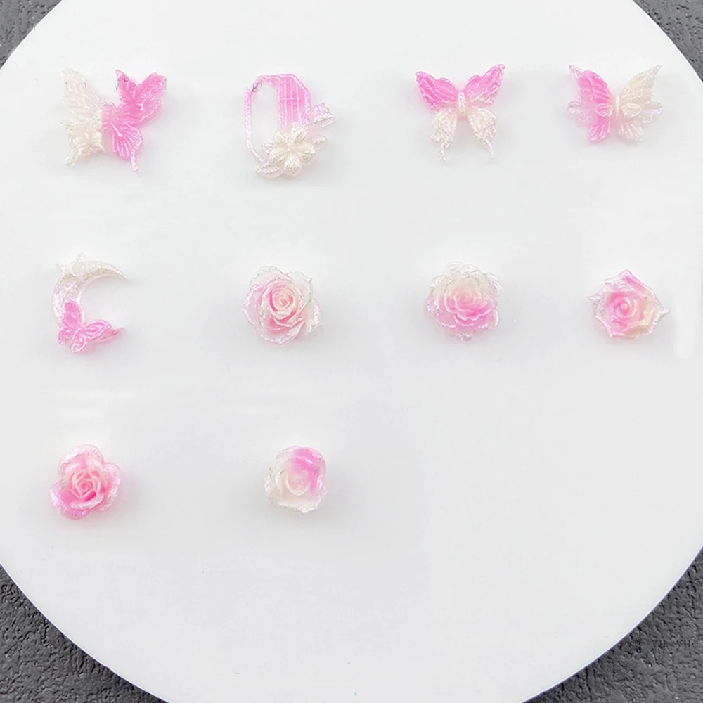 20Pcs Gradient Butterfiy Bow Nail Art Charms 3D Resin Noctilucent Pink White Rose Moon Nail Decoration Cute DIY Nail Supplies