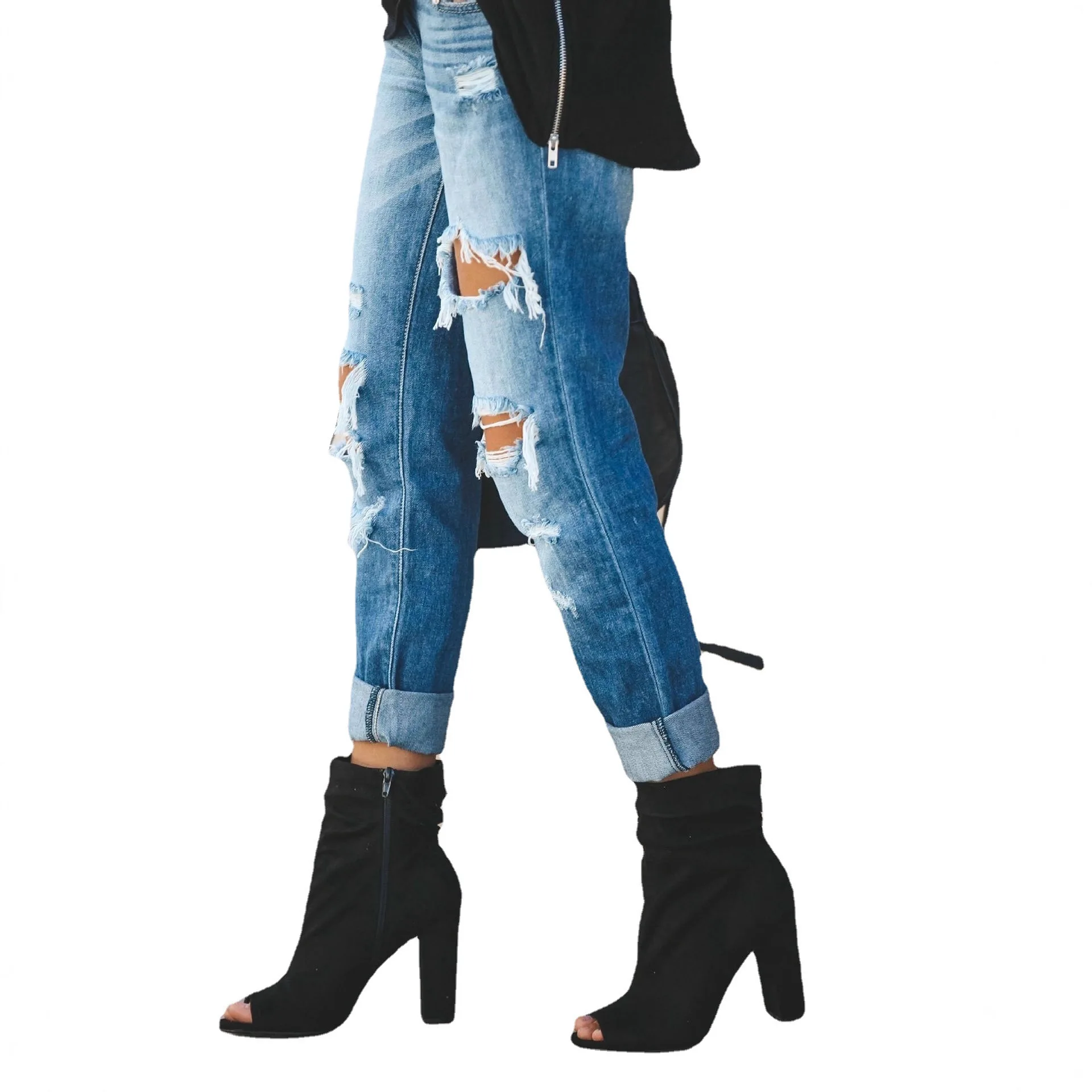 

Street Style Casual Washed Denim Jeans High Waist mid Stretch Blue Jeans Women Summer New Straight Leg Hole Design