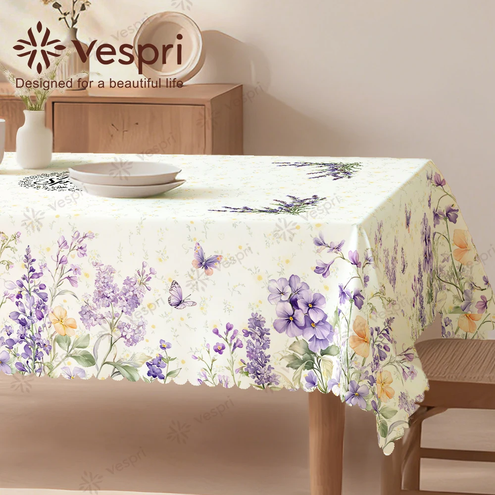 Vespri Spring Tablecloth Floral Pastel Easter White Purple Butterfly Leaf Round Rectangle Oval Polyester Table Cover