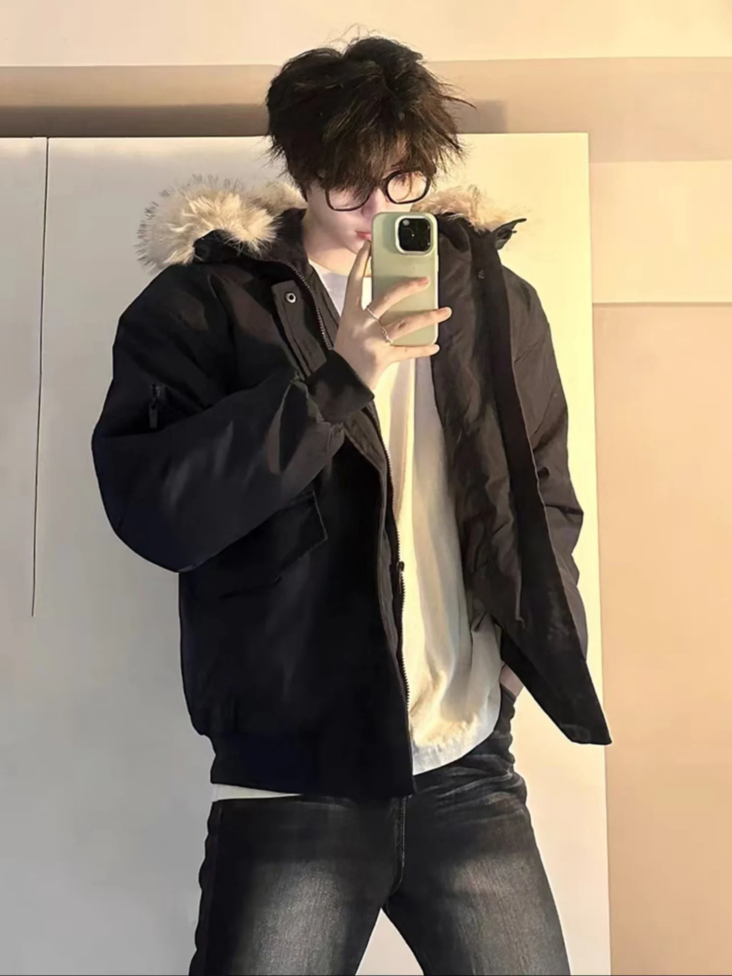 

Bla Thiened Winter Parka Coat for Men with Large Fur Collar American Sle Flight Jaet ort Cotton Clothes Warmth