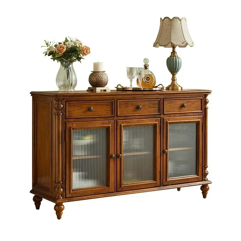North American solid wood dining sid e cabinet double-layer shelf agai nst the wall integ ated stora ge