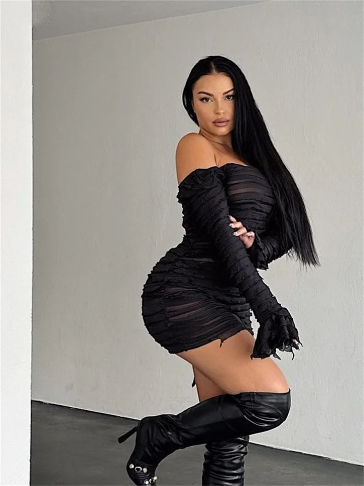 Simenual Balck Ruched Clubwear Women Sexy Off Shoulder See Through Mini Dress Baddie Hot Pleated Bodycon Dresses Fairy Holiday