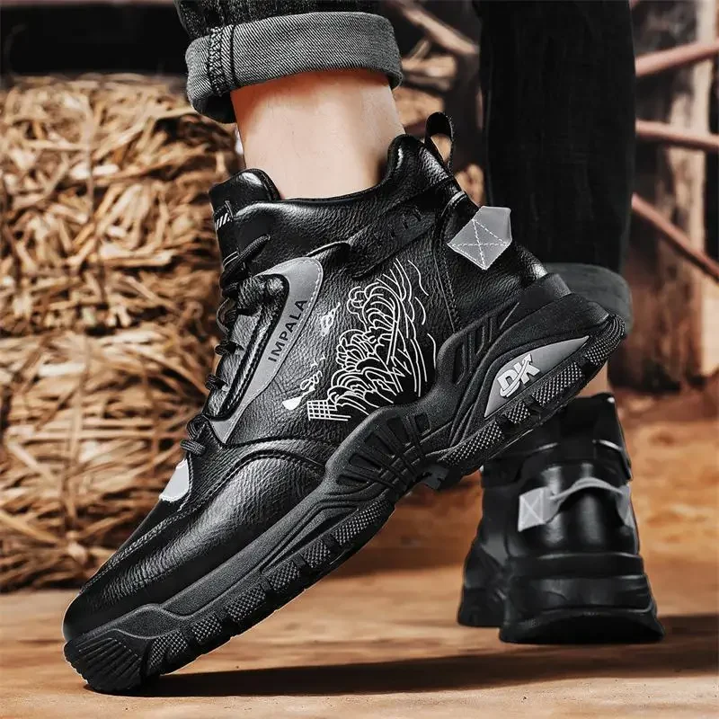 Mens High Top Sneakers Fashion Leather Casual Shoes Lace Up Ankle Boots Plush Warm Winter Shoes for Men Non Slip Hiking Footwear