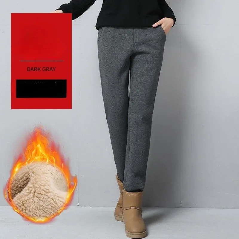 2023 Autumn Winter New Cashmere Thickened High-waisted Sports Pants Women Loose Casual Lamb Long Outerwear Cotton Trousers Women