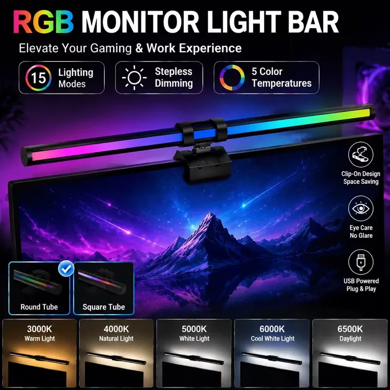 USB LED Monitor Light Bar with RGB, Clip-On Computer Screen Hanging Lamp, Stepless Dimmable Gaming & Office Desk Ambient Light