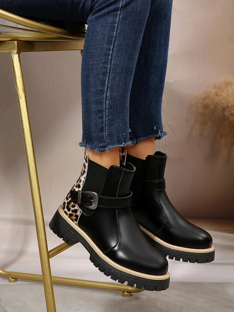 Punk métal boucle fond épais noir bottines femmes 2025 hiver léopard Pu cuir Chelsea bottes marque femme chaussons courts