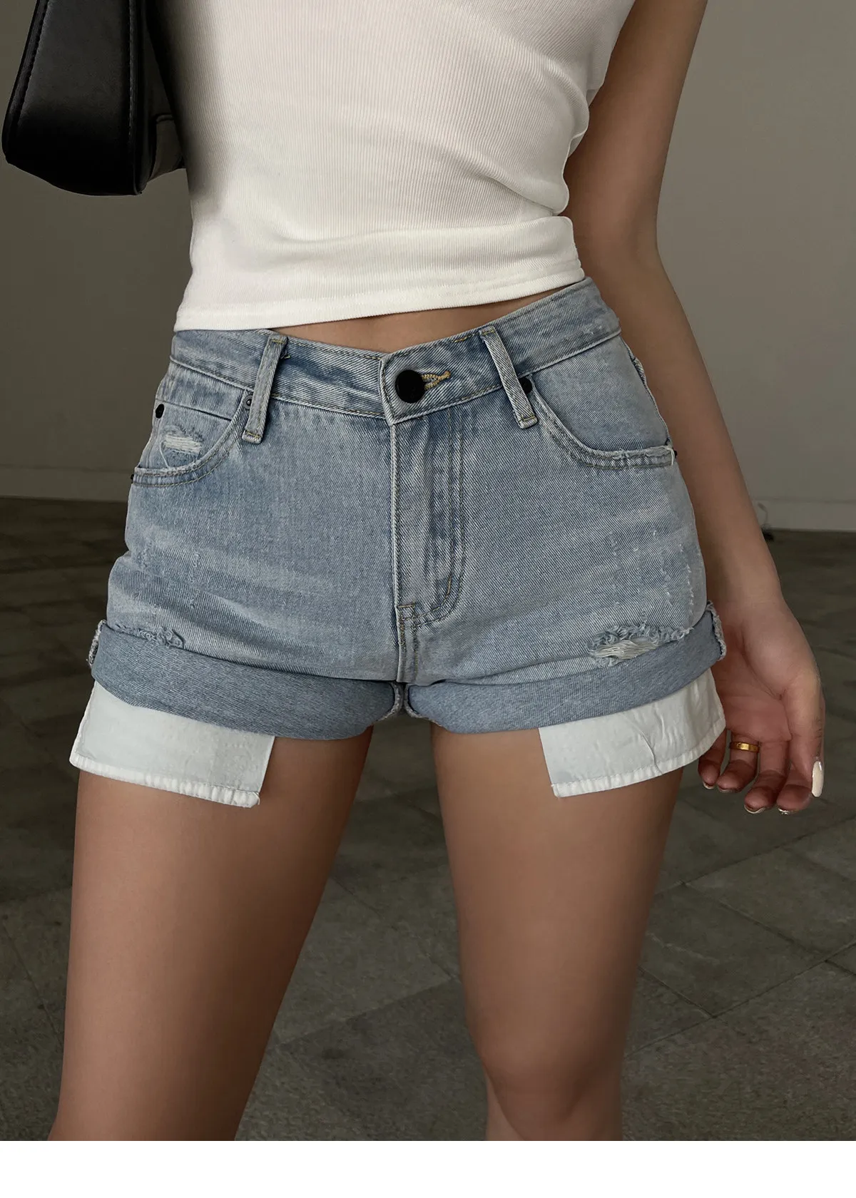 

American Spice Girl High Waist Curled Edge Pocket Denim Shorts Women's Summer Contrast Color Curled Wide Leg Hot Pants
