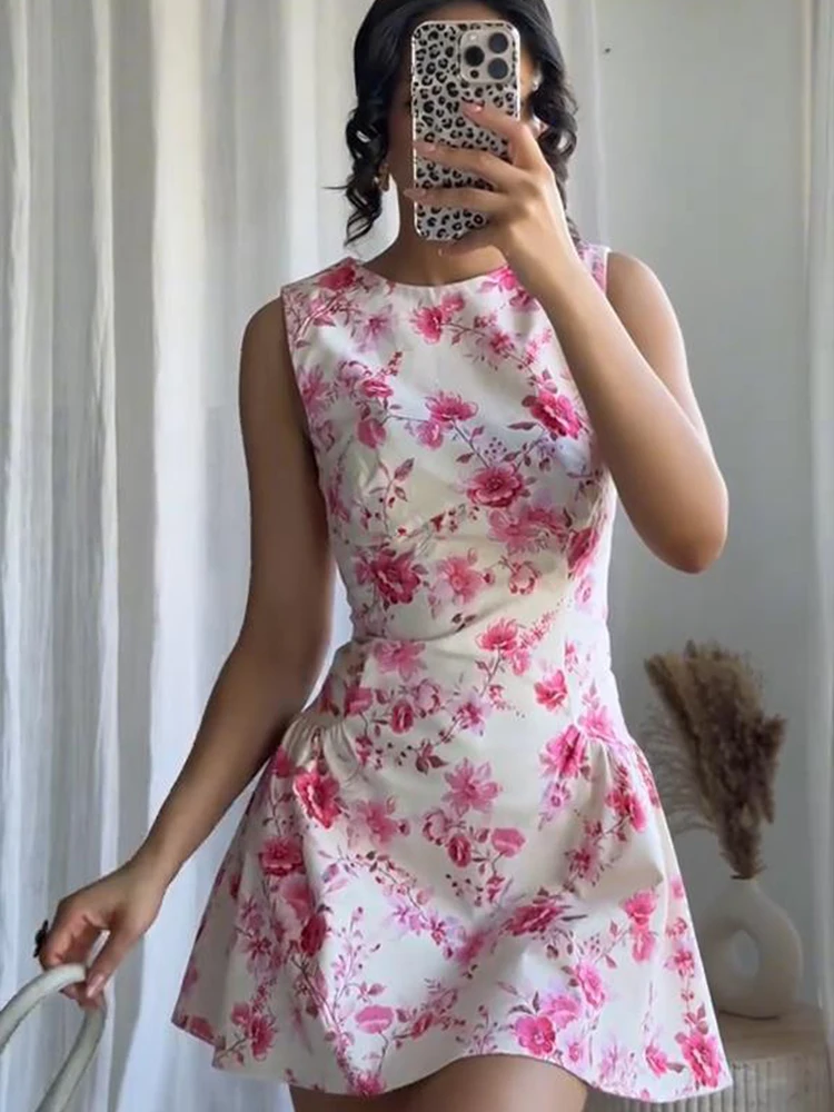 

Elegant O-neck Print Flower Mini Dress Women Slim Sleeveless High Waist Short Dresses Female 2025 Summer Chic High Street Robes